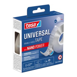 Tesa Universal dwustronna taśma klejąca z Nano Power, 3m x 30mm, w opakowaniu.