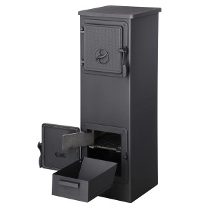 Czarny piec kominkowy z otwartą komorą spalania i szufladą.