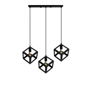 Czarna lampa wisząca z trzema kloszami w kształcie kostki. Nowoczesna lampa do wnętrz.