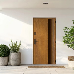 Nowoczesne drewniane drzwi zewnętrzne t.b.t. z czarnymi akcentami. Drzwi wejściowe do Twojego domu.