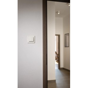 Biały włącznik światła t.b.t. na ścianie w korytarzu.