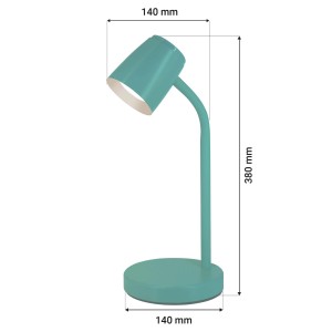 Turkusowa lampka biurkowa z okrągłą podstawą i regulowaną głowicą.