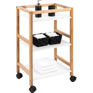 Regał łazienkowy t.b.t. z trzema półkami i kółkami, bambus i biały.