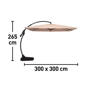 Beżowy parasol wiszący Peoria, 300x300 cm, z korbą i czarną podstawą.