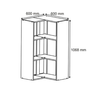 Rysunek techniczny półki narożnej / szafki narożnej z wymiarami (600x600x1068 mm).