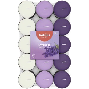 Zestaw zapachowych świeczek typu tealight o zapachu lawendy, 30 sztuk. Świeczki w odcieniach fioletu.