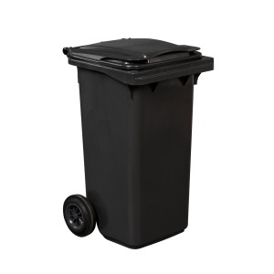 Czarny pojemnik na odpady z pokrywą i kołami do usuwania odpadów.