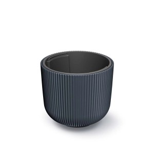 Szara doniczka t.b.t. z żebrowaną powierzchnią. Dekoracyjna Donice do użytku wewnątrz i na zewnątrz.