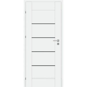 Białe drzwi wewnętrzne t.b.t. z pięcioma poziomymi liniami dekoracyjnymi i srebrną klamką.