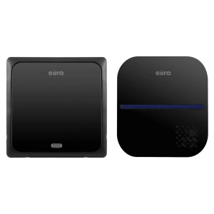 Czarny dzwonek do drzwi t.b.t., składający się z nadajnika (po lewej) i odbiornika (po prawej).