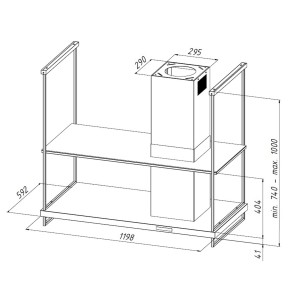 Rysunek techniczny okapu wyspowego t.b.t. z wymiarami.