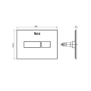 Rysunek techniczny: Przycisk spłukujący Roca do spłuczek WC, wymiary i szczegóły.