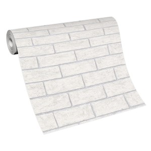 Rolka tapety z białym wzorem cegły do dekoracji ścian.