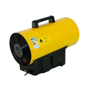 Żółty elektryczny grzejnik z czarną rączką i kratką.