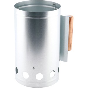 Metalowy komin do rozpalania grilla z drewnianą rączką do akcesoriów grillowych.