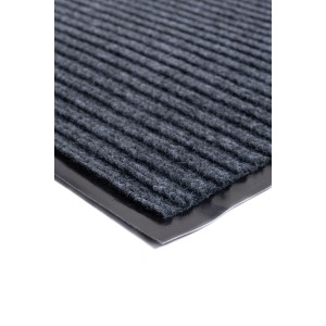 Szara wycieraczka z prążkowaną teksturą i czarną gumową krawędzią.