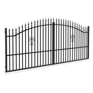 Czarna metalowa brama ogrodzeniowa z ozdobami w kształcie serc.