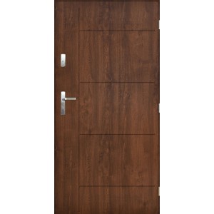 Brązowe drzwi zewnętrzne z trzema poziomymi listwami ozdobnymi i srebrną klamką.