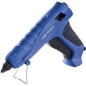 Niebieski pistolet do kleju na gorąco LUX Comfort HKP-100/12 z blokadą kapania i stojakiem.