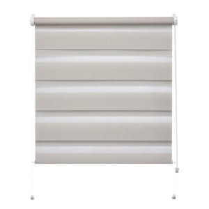 Beżowa roleta t.b.t. z poziomymi paskami do okien.