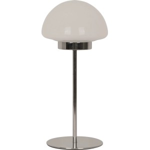 Lampa stołowa t.b.t. z białym kloszem i srebrną podstawą.