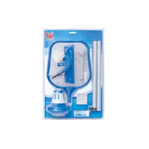 Zestaw do czyszczenia basenu Bestway: Siatka, odkurzacz, termometr, paski testowe i łatki.