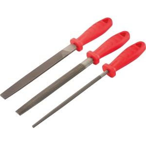 Zestaw pilników Ellix, 3-częściowy: pilnik płaski, półokrągły i okrągły z czerwonym uchwytem.