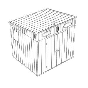 Ilustracja plastikowego domku narzędziowego z podwójnymi drzwiami i oknem.