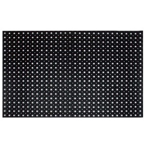 Czarna wycieraczka t.b.t. z otworami do użytku zewnętrznego.