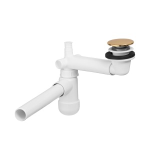 Biały syfon umywalkowy ze złotym korkiem.