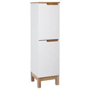 t.b.t. Zestaw mebli łazienkowych: Biała szafka wysoka z drewnianymi akcentami.