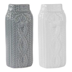 Dwa wazony ze wzorem dzianiny w kolorze szarym i białym.