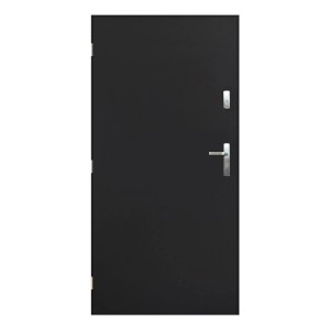 Czarne drzwi zewnętrzne z srebrną klamką. Solidne drzwi wejściowe do domu.