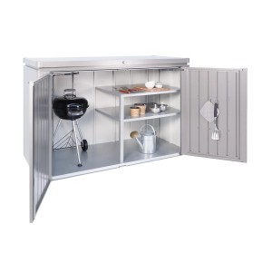 Otwarty schowek ogrodowy Biohort HighBoard 200 w kolorze kwarcowy szary metalik z grillem i półkami.