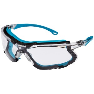 Okulary ochronne t.b.t. z przezroczystymi szkłami i niebieską oprawką dla optymalnej ochrony oczu.