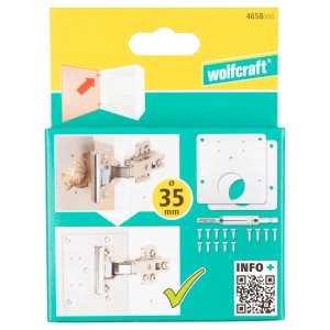 Zestaw zawiasów meblowych Wolfcraft: wiertło do zawiasów puszkowych 35 mm, płytki montażowe, śruby. Do precyzyjnych zawiasów.