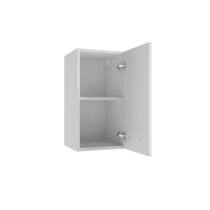 Otwarta, biała szafka wisząca z serii mebli kuchennych t.b.t. z jedną półką.