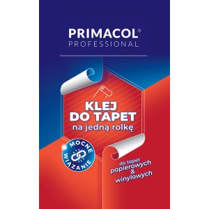 Opakowanie kleju do tapet Primacol Professional, odpowiedniego do tapet papierowych i winylowych.