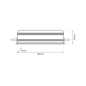Ilustracja wymiarów listwy LED t.b.t.: długość 180 mm, wysokość 44 mm, głębokość 72 mm.