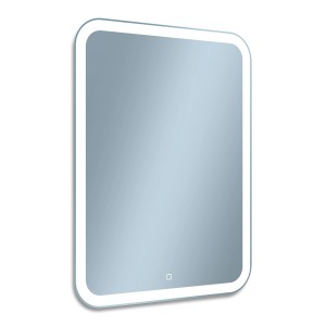 Prostokątne lustro z zaokrąglonymi rogami i oświetleniem LED.