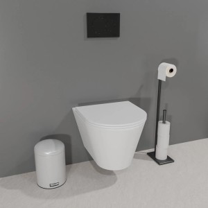 Biała miska wisząca WC z uchwytem na papier toaletowy i koszem na śmieci w łazience.