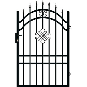 Czarna metalowa furtka z elementami ozdobnymi do ogrodzeń.