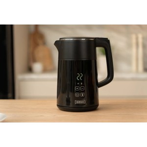 Czarny czajnik t.b.t. z cyfrowym wyświetlaczem i regulacją temperatury.