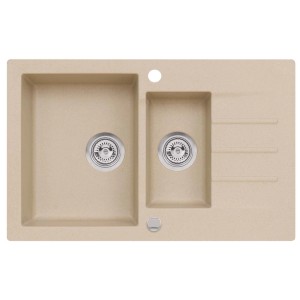 Beżowy zlewozmywak granitowy z dwoma komorami i ociekaczem.