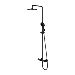 Czarna kolumna prysznicowa t.b.t. z deszczownicą i słuchawką do nowoczesnych łazienek.