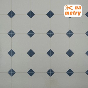 Wykładzina PCV ze wzorem niebieskich rombów.