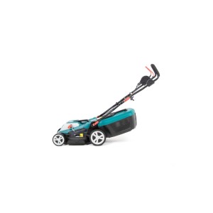 Elektryczna kosiarka do trawy w kolorze turkusowym i czarnym z koszem na trawę.