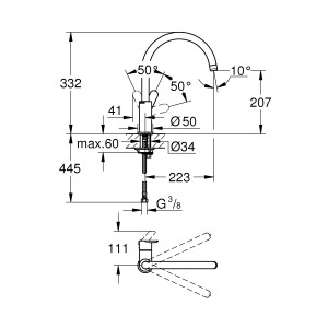 Rysunek techniczny baterii kuchennej Grohe BauEdge, wymiary i szczegóły instalacji.