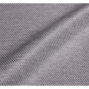 Zbliżenie szarej, tkanej tkaniny zasłonowej.