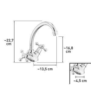 Bateria dwuuchwytowa w chromowanym wykończeniu z wymiarami.
